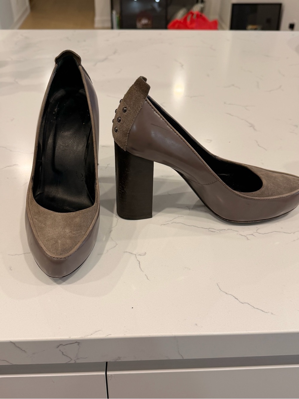 Tod’s Taupe Grey Leather Suede Studded Heel Platform Pumps 37